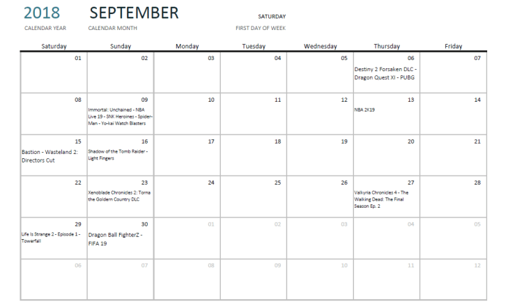 Release Calendar - Sept. 2018